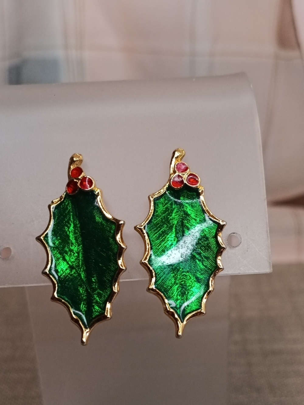 Green Enamel Holly Leaf Clip Earrings Vintage Christmas